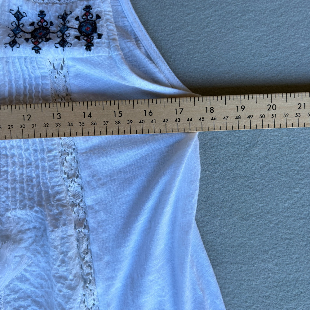Lucky Brand Embroidered Tassel Tank Top White Boho Lace Trim Pleated Medium M - Picture 5 of 7